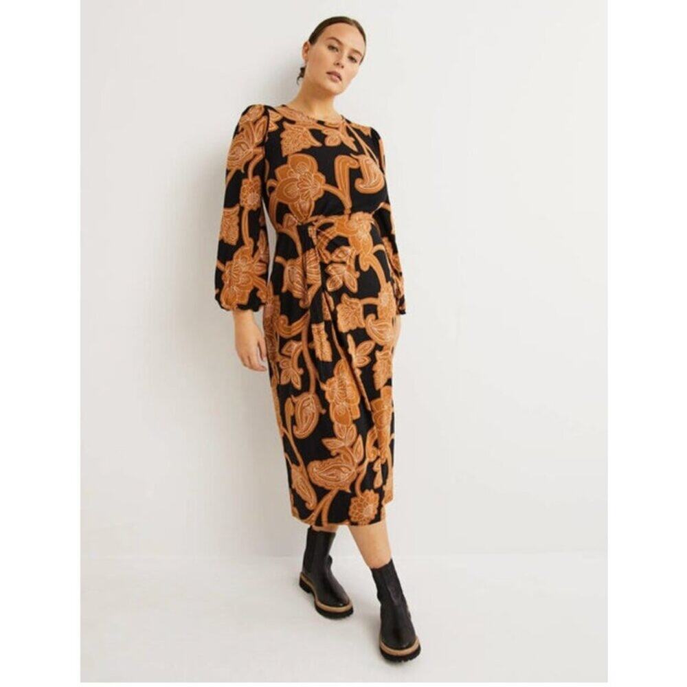 BODEN Crew Neck Knot Detail Midi Jersey Dress Long Sleeve Stretch Fall 6P